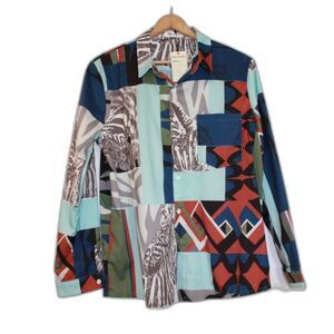 Two-Sided Men's Shirt Patchwork Silky Button Front Long Sleeves Medium NEW